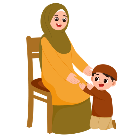 Muslim Mother and Son Celebrate Eid Al-Fitr Mubarak  Illustration