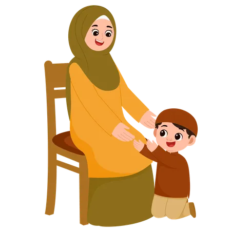Muslim Mother and Son Celebrate Eid Al-Fitr Mubarak  Illustration