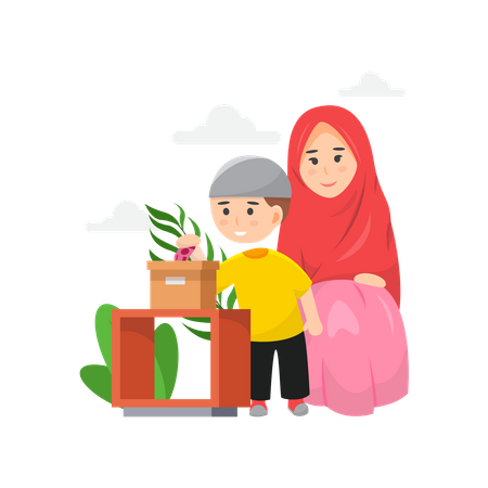 Muslim mother and son giving zakat  イラスト