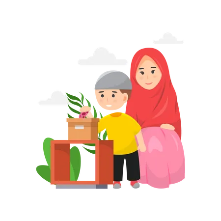Muslim mother and son giving zakat  Illustration