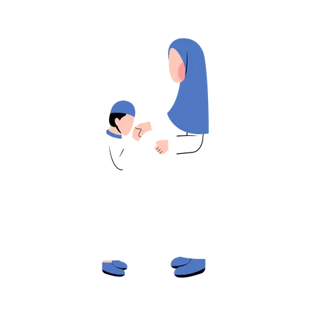 Muslim Mother And Son Greeting Each Other In Eid Day  Illustration