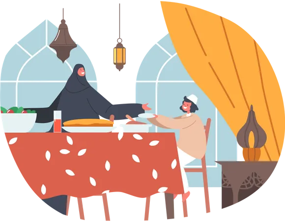 Muslim Mother and Son Having Dinner Illustration