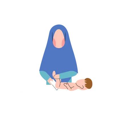 Muslim mother change diaper on baby  Illustration