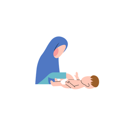 Muslim mother changing diaper  Illustration