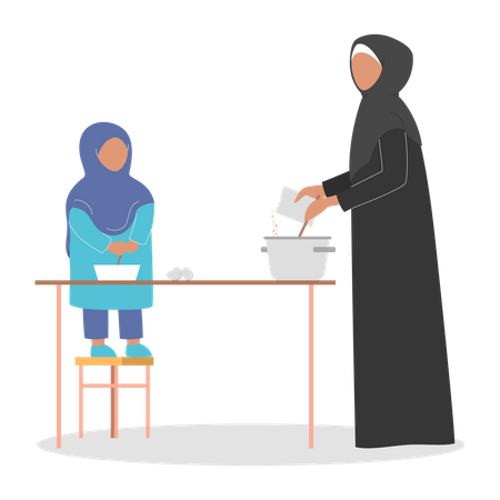 Muslim mother cooking food with help of daughter  Illustration