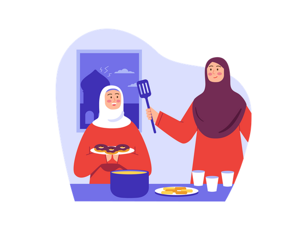 Muslim mother cooking fresh donuts  Illustration