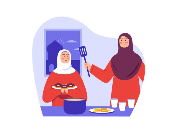 Muslim mother cooking fresh donuts  イラスト