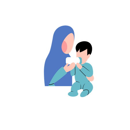 Muslim mother feeding baby milk using milk bottle Illustration