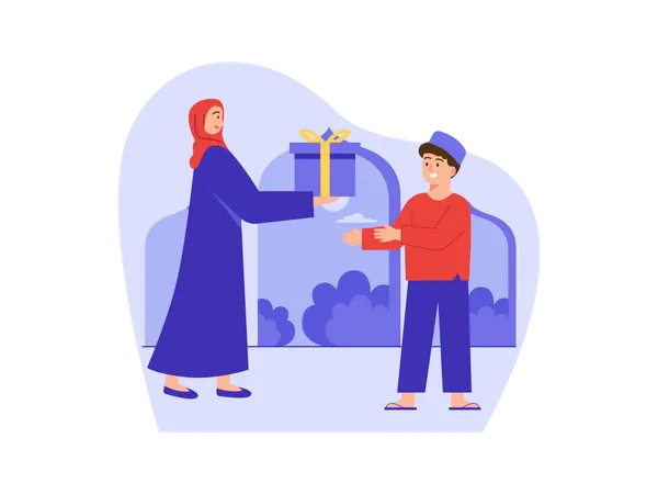 Muslim mother gifting child  Illustration