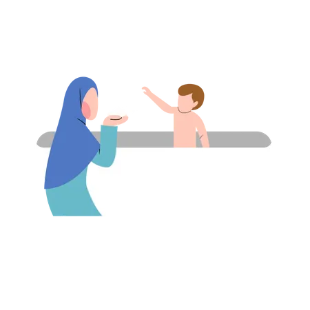 Muslim mother give bath to child Illustration