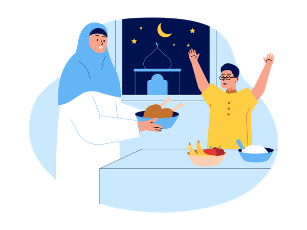 Muslim mother giving chicken to her son  Illustration