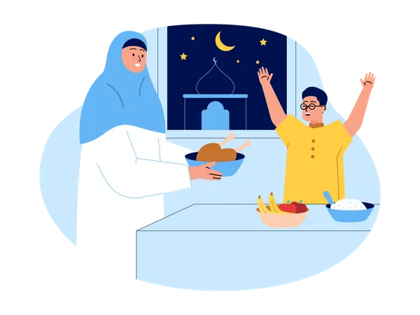 Muslim mother giving chicken to her son  Illustration