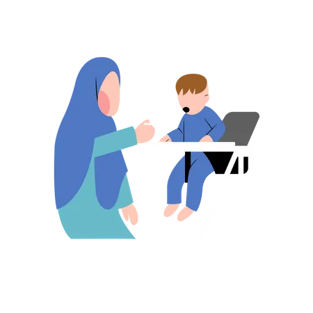 Muslim mother giving food Illustration