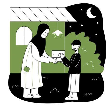 Muslim mother giving food to child  Illustration