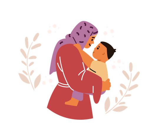 Muslim mother looks tenderly and lovingly at her son  Illustration