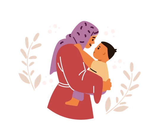 Muslim mother looks tenderly and lovingly at her son  Illustration