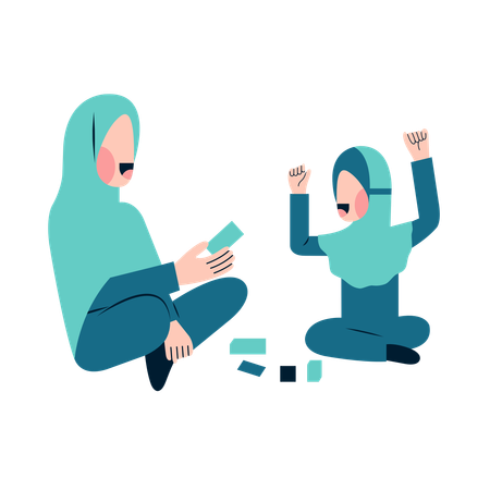 Muslim Mother Playing With Daughter  Illustration