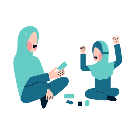 Muslim Mother Playing With Daughter  Illustration