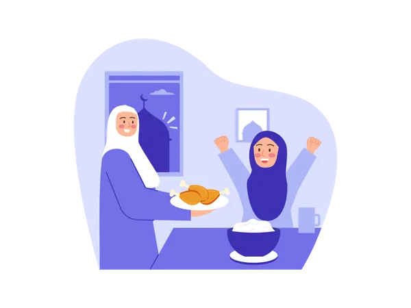 Muslim mother serving chicken to daughter  Illustration