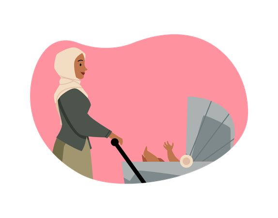 Muslim mother walking with newborn in baby carriage  Illustration