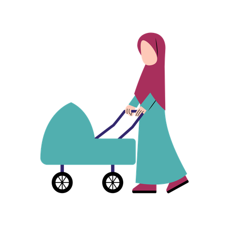 Muslim Mother With Baby Stroller  Illustration