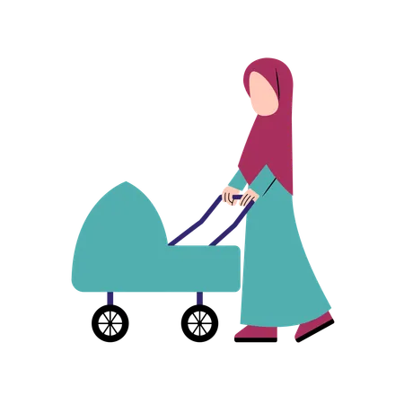 Hijab Mother With Baby Stroller Illustration