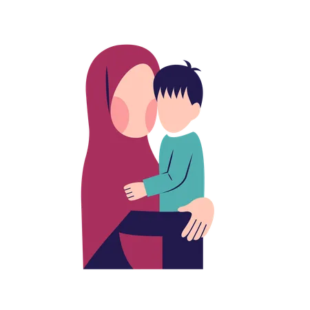 Muslim Mother With Son Character Illustration