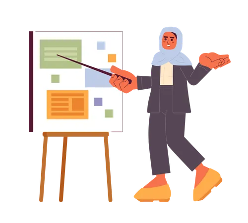Muslim Office Worker Giving Presentation Cartoon Flat Illustration Hijab Employee Pointing Stick 2 D Character Isolated On White Background Female Presenter Conference Scene Vector Color Image Illustration