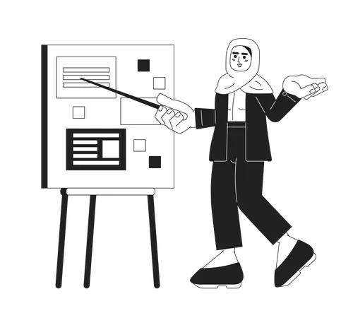 Muslim Office Worker Giving Presentation Black And White Cartoon Flat Illustration Hijab Employee Pointing Linear 2 D Character Isolated Female Presenter Conference Monochromatic Scene Vector Image Illustration