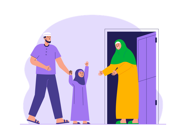 Muslim parents celebrate eid with his daughter  Illustration