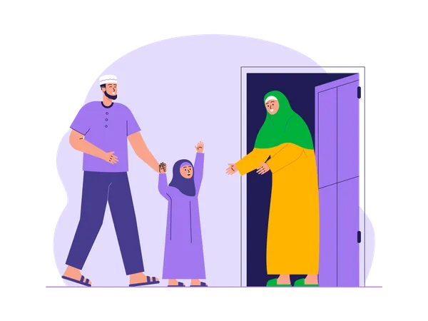 Muslim parents celebrate eid with his daughter  Illustration
