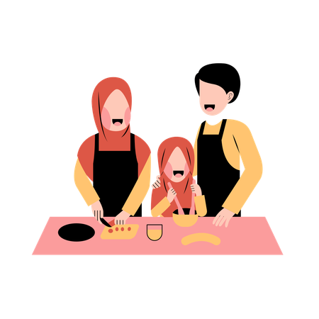 Muslim Parents Cooking in kitchen with daughter  Illustration