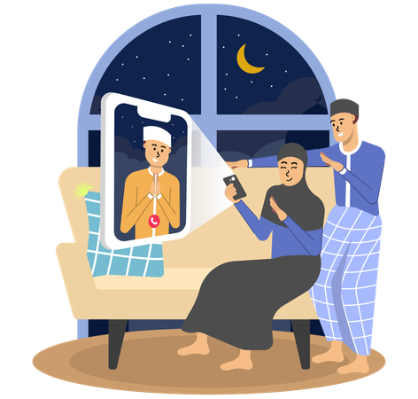 Muslim parents faces light up with love as they video call their son before Eid al-Fitr  イラスト