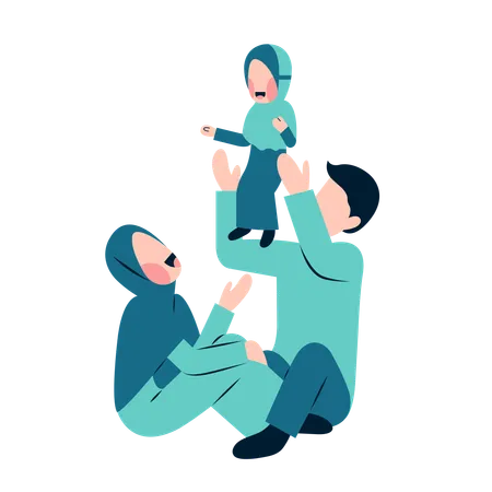 Muslim Parents Playing With Kid  Illustration