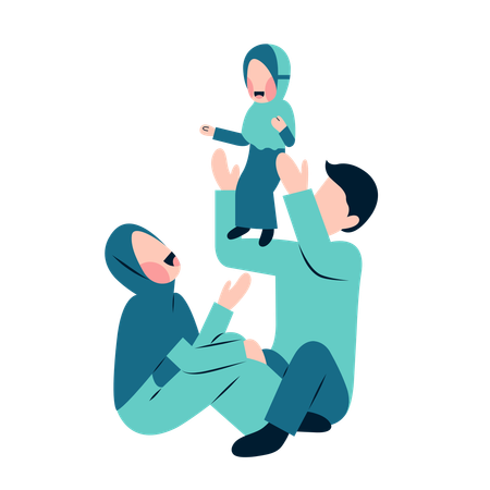 Muslim Parents Playing With Kid  Illustration