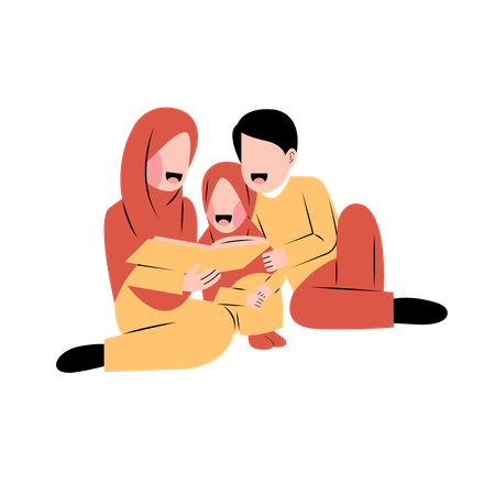 Muslim parents reading book with daughter  Illustration