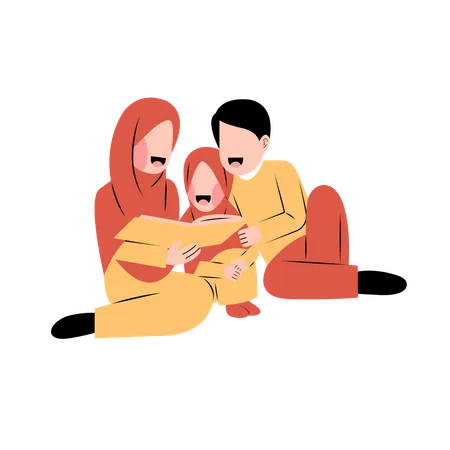 Muslim parents reading book with daughter  Illustration