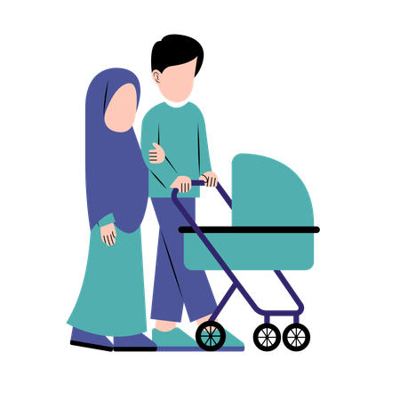 Muslim Parents With Baby Stroller  Illustration