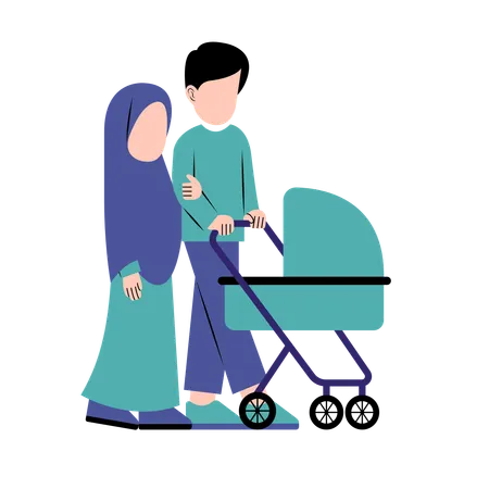 Muslim Parents With Baby Stroller Illustration