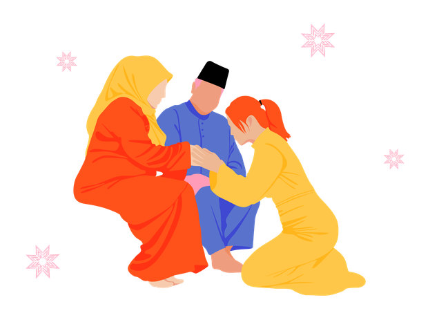 Muslim parents with daughter celebrating Eid al Fitr  Illustration