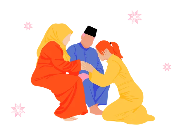 Muslim parents with daughter celebrating Eid al Fitr  Illustration