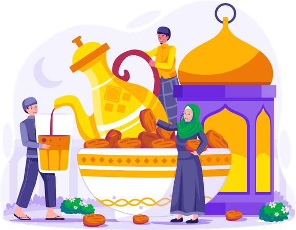 Muslim people are break Iftar party after fasting during Ramadan Illustration