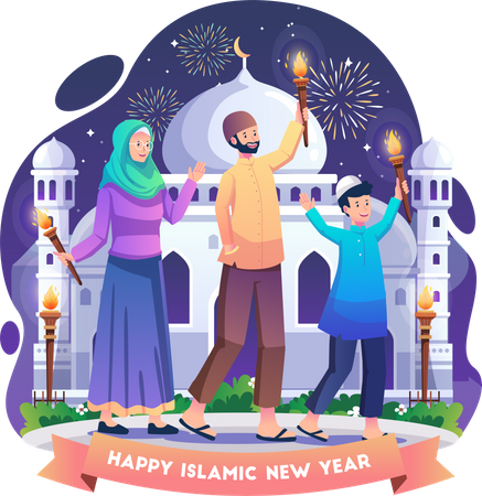 Muslim People are celebrating the Islamic new year by holding a torch parade  Illustration