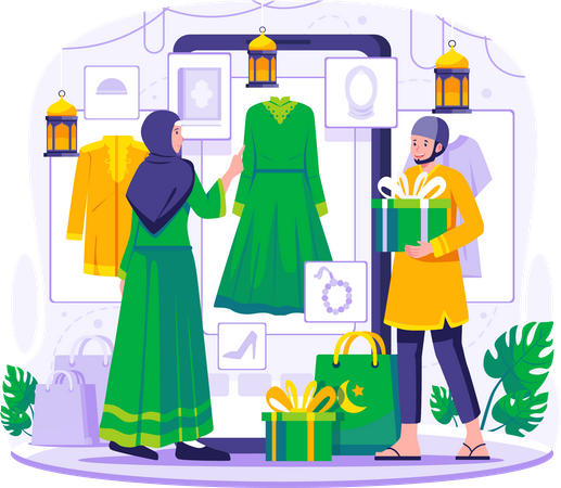 Muslim people are shopping online  Illustration