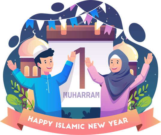 Muslim people celebrate Islamic New Year Illustration