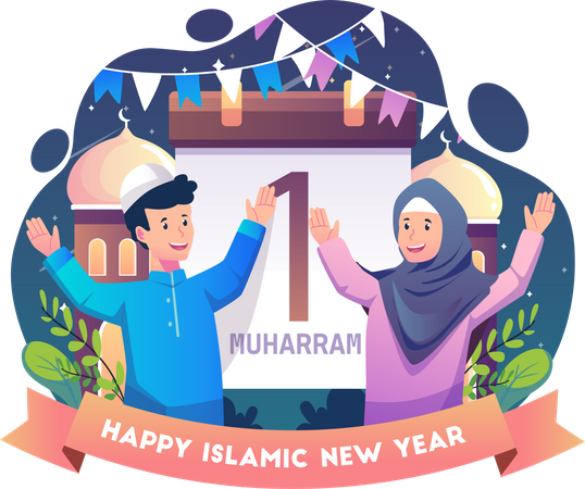 Muslim people celebrate Islamic New Year  Illustration