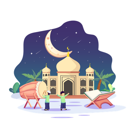 Muslim people celebrate Ramadan Kareem with Bedug  Illustration