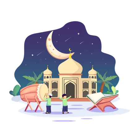 Muslim people celebrate Ramadan Kareem with Bedug  Illustration