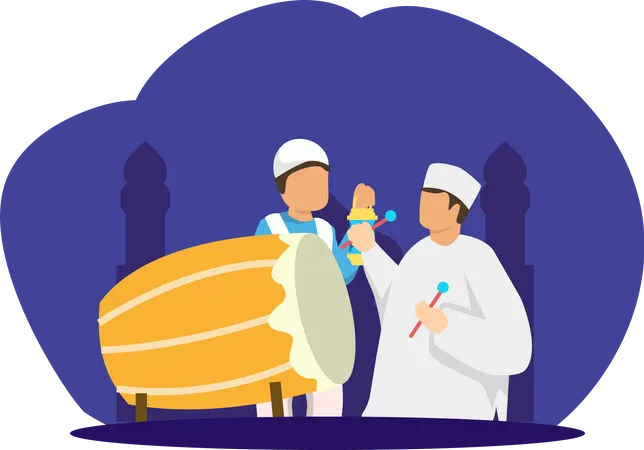 Muslim people celebrating Ramadan by playing bedug Illustration