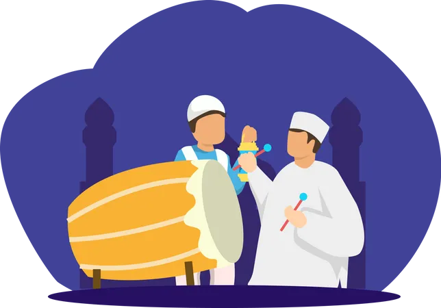 Muslim people celebrating Ramadan by playing bedug  Illustration